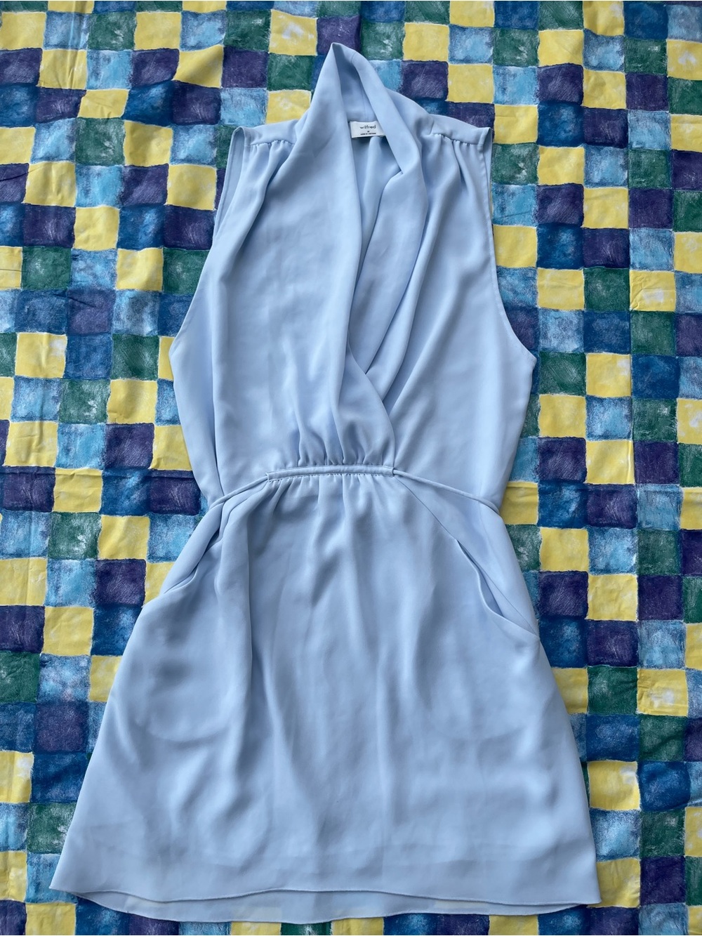 Wilfred Light Blue Sleeveless Halter V-Neck Mini Dress